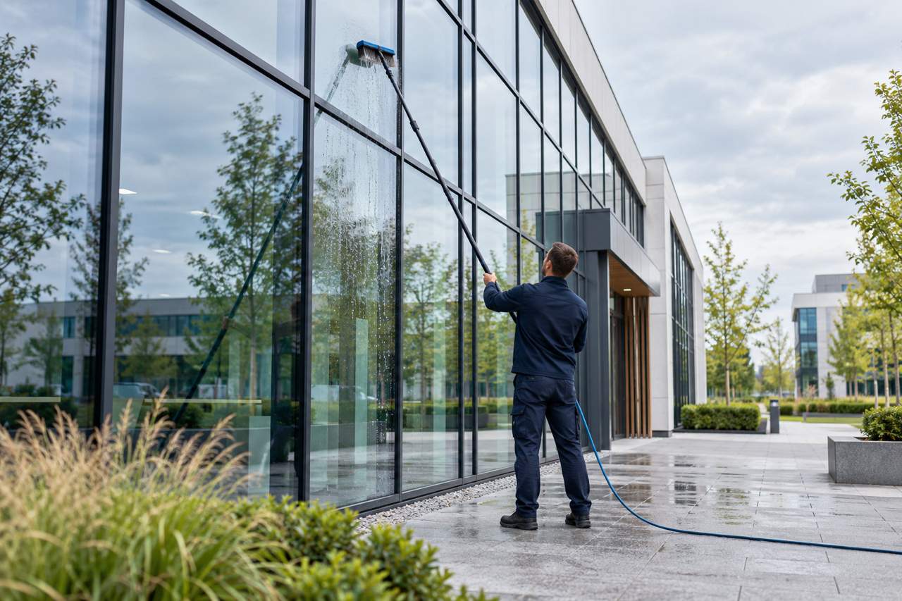 Professionele glasbewassing aan een bedrijfspand