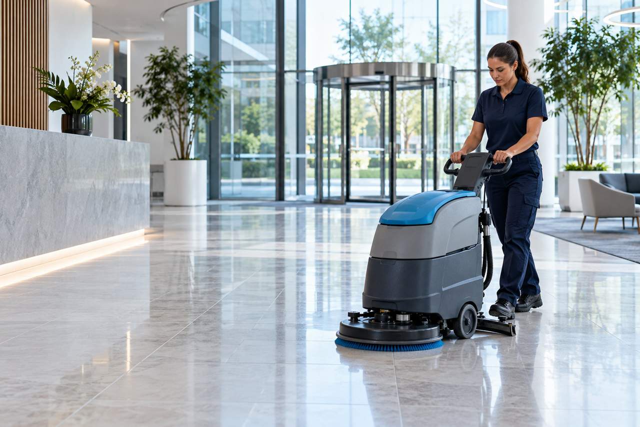 Professionele schoonmaak in een moderne werkomgeving